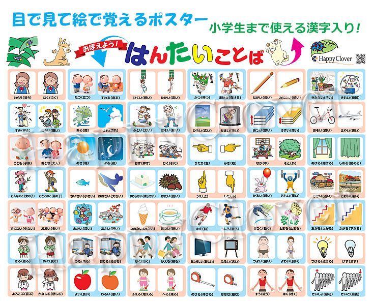 はんたいことばポスター 目で見て絵で覚える 小学生まで使える漢字入り