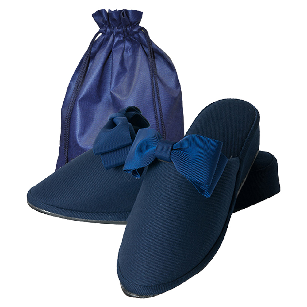 お受験スリッパ グログランリボンクリップ 収納袋付 お母様用 布製スタンダードスリッパ 紺 お受験用品のお店 ハッピークローバー